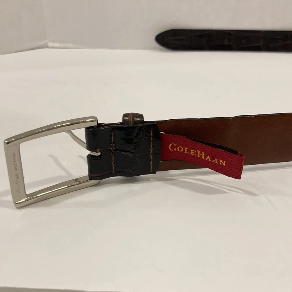 - Cole Haan Dark Brown Croc Embossed Leather Belt Size 38